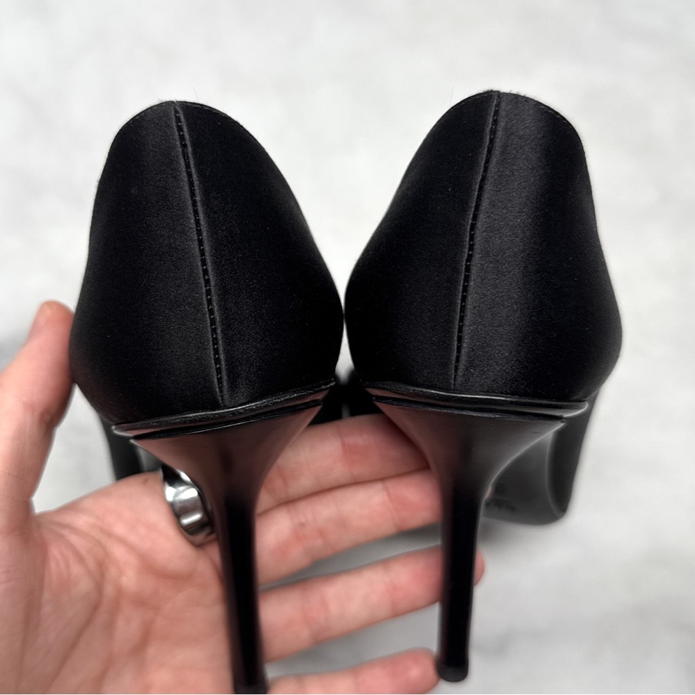 GUCCI Silk Satin Horsebit Swarovski Crystal Embellished Open Toe Pump Heel Black - Picture 7 of 15